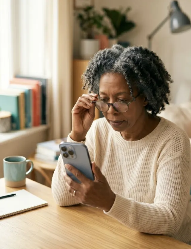 Older woman reading attentively on her smartphone