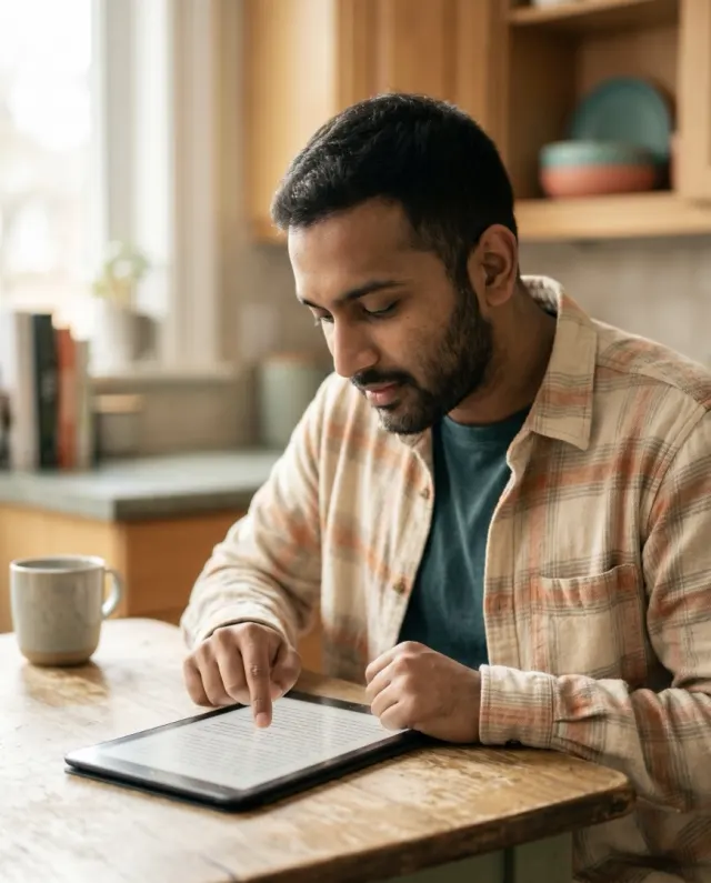 Man reading a text on a tablet, following along with his finger